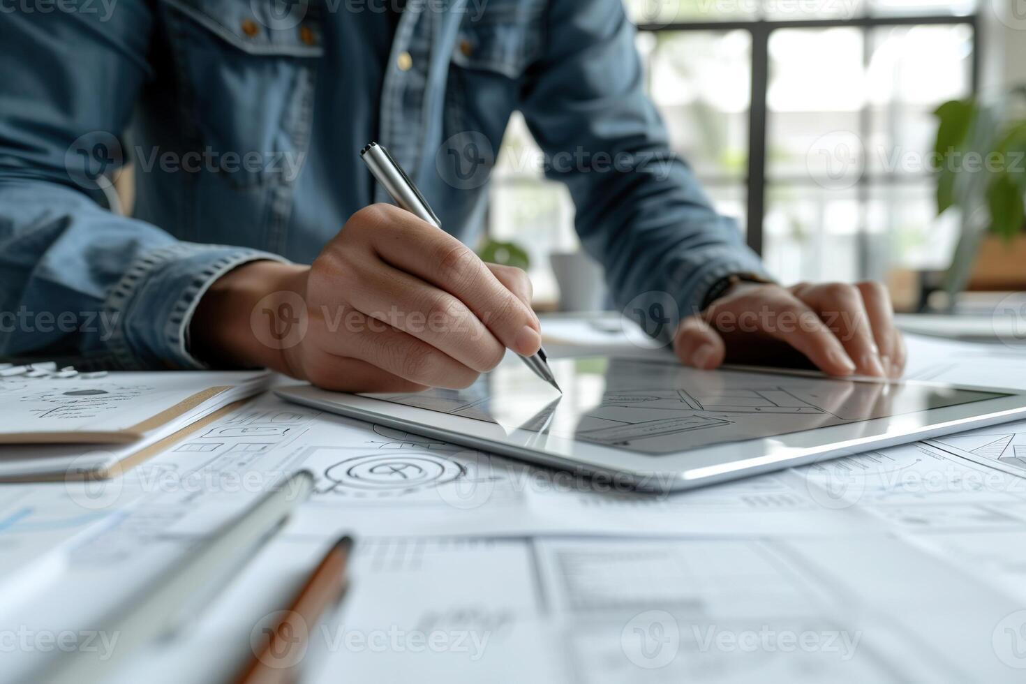 AI generated Professional analyzing colorful statistical data graphs on a digital tablet, highlighting business analytics and performance metrics. Man using tablet to work. photo
