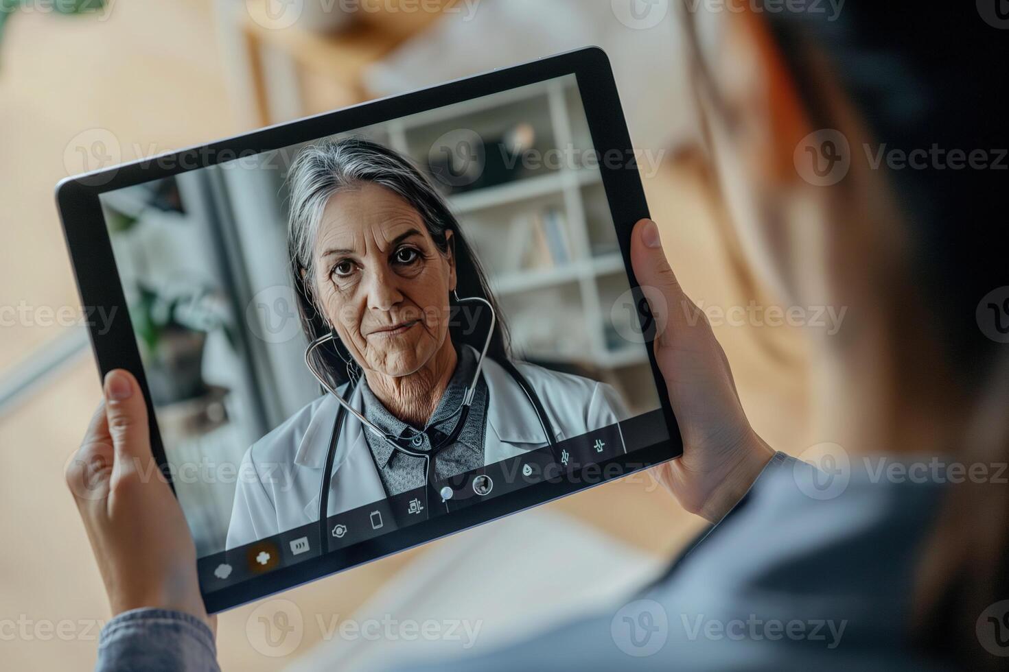 AI generated Patient engaging in a virtual medical consultation with a male doctor displayed on a tablet screen. photo