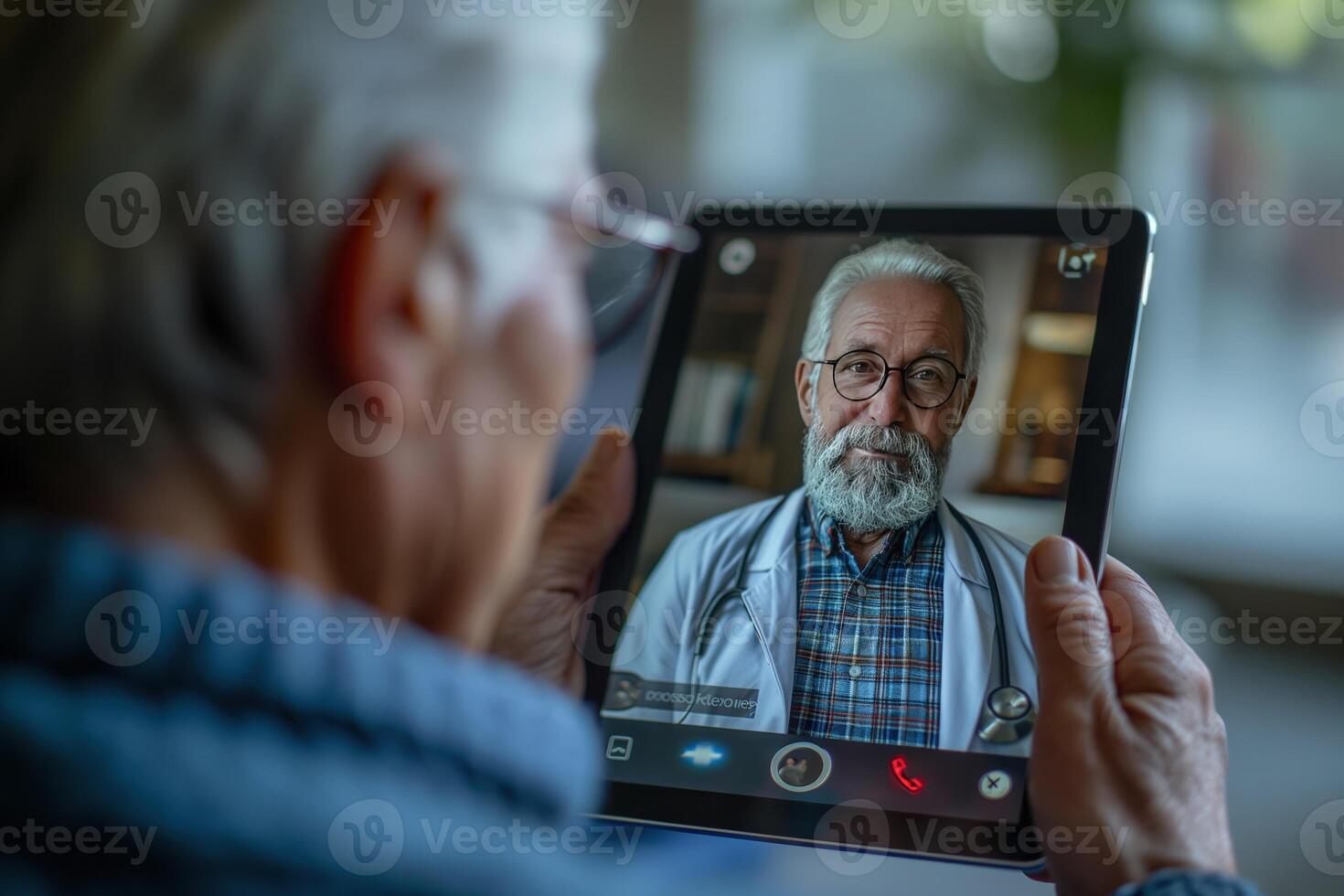 AI generated An elderly man wearing glasses and a face mask consulting with her doctor via a telemedicine session on a digital tablet. photo