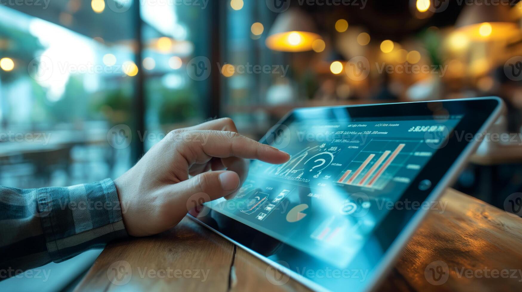 AI generated Man hand using online banking on tablet screen device in cafe, a clear focus on the screen displaying financial graphs and icons, in a modern photo