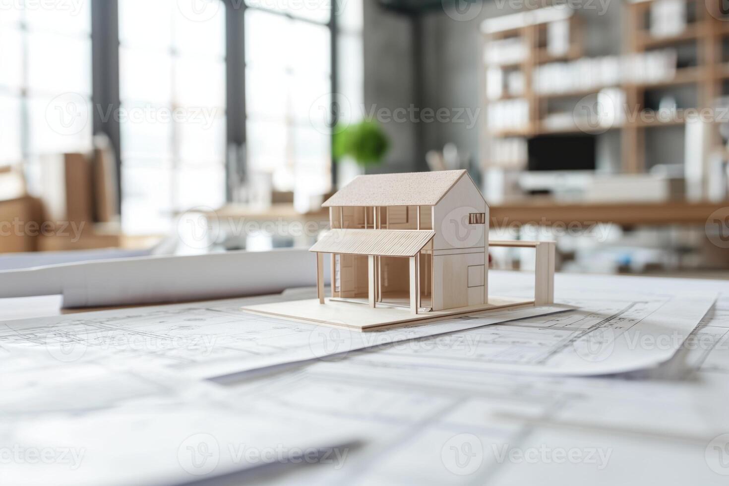 AI generated A well-organized scene showing architectural project drawings, with a miniature house model placed beside them, representing the translation of plans into a tangible structure, photo