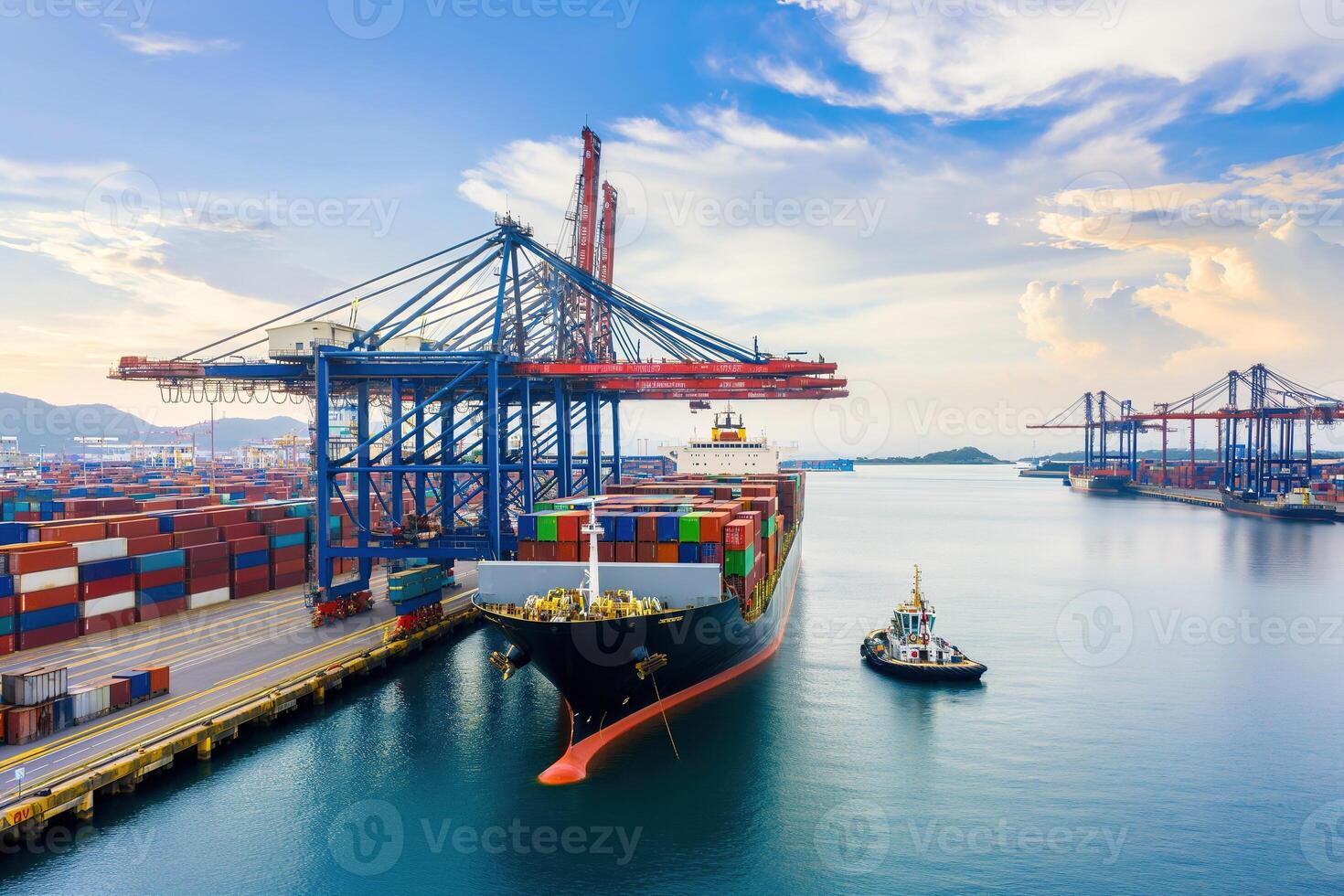 AI generated Top view, aerial view the ship container for transporting goods by sea at sea port warehouse and crane ship working for delivery containers shipment, logistic import or transportation. photo