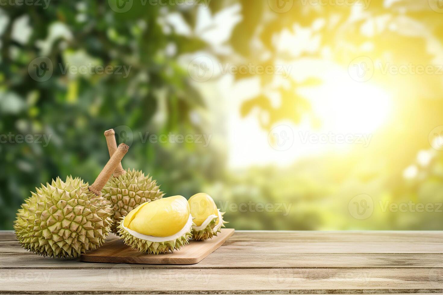 AI generated Fresh fruit durian on wood floor table with durian plantation background. King of fruit in thailand. Golden durian fruits concept. photo