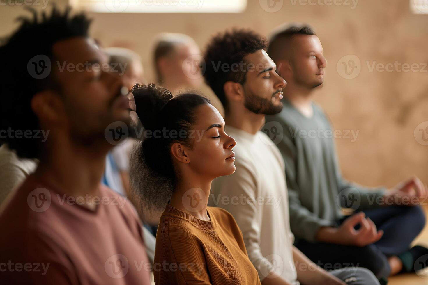 AI generated Group meditation in a serene yoga studio. Join men and women as engage in breath exercises, meditating with closed eyes. Power of breathwork for relaxation and inner peace. photo