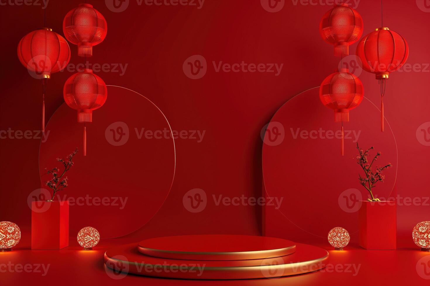 AI generated Chinese day concept. Red and 3D cylinder stand podium with red circle overlap backdrop. Products showcase, Promotion display. Abstract studio room platform. Happy Chinese lantern day. photo