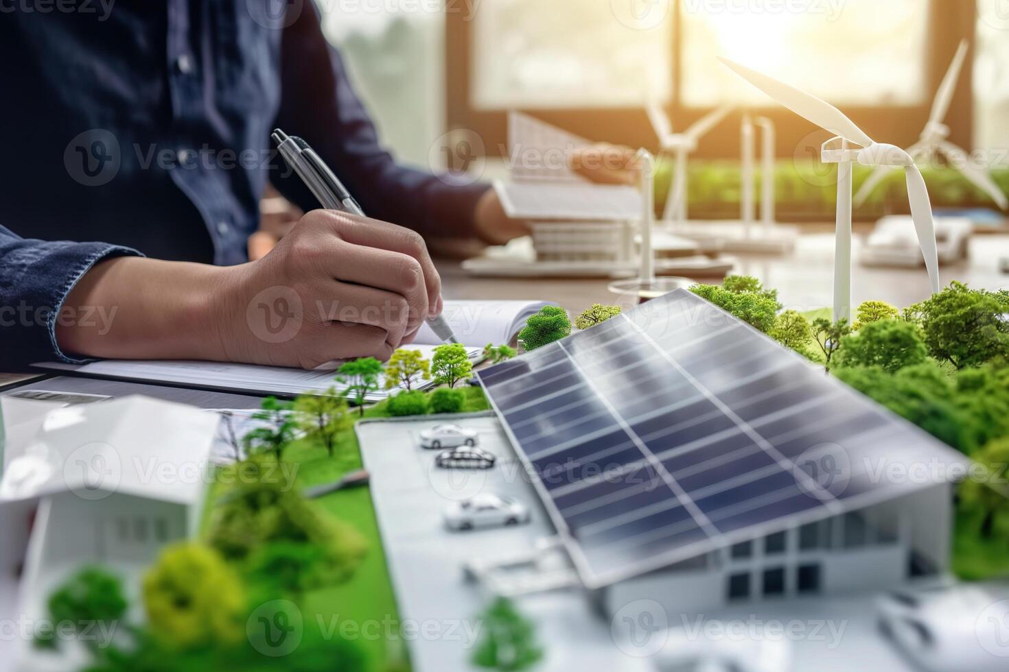 AI generated Engineers designing models of turbines, solar panels, clean energy networks. Technician calculate to use pure energy nature and Installing solar panels on roof house. Green power ESG. photo