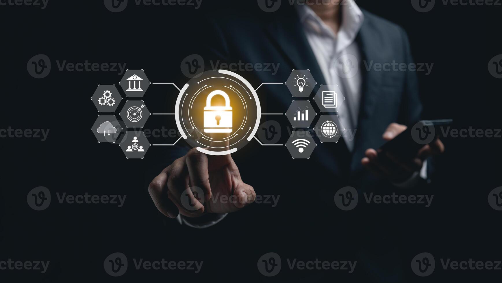 Businessman using mobile phone and laptop login to access, information security and encryption, secure access user's information, Internet access, cybersecurity. Cyber security technology concept. photo