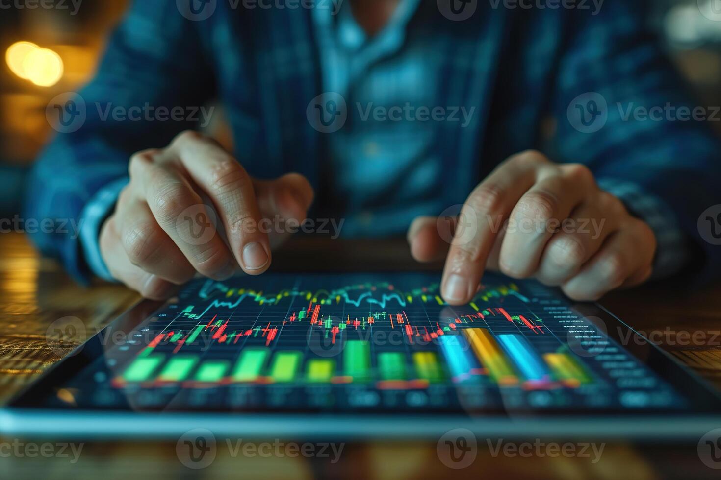 AI generated Professional analyzing colorful statistical data graphs on a digital tablet, highlighting business analytics and performance metrics. Man using tablet to work. photo