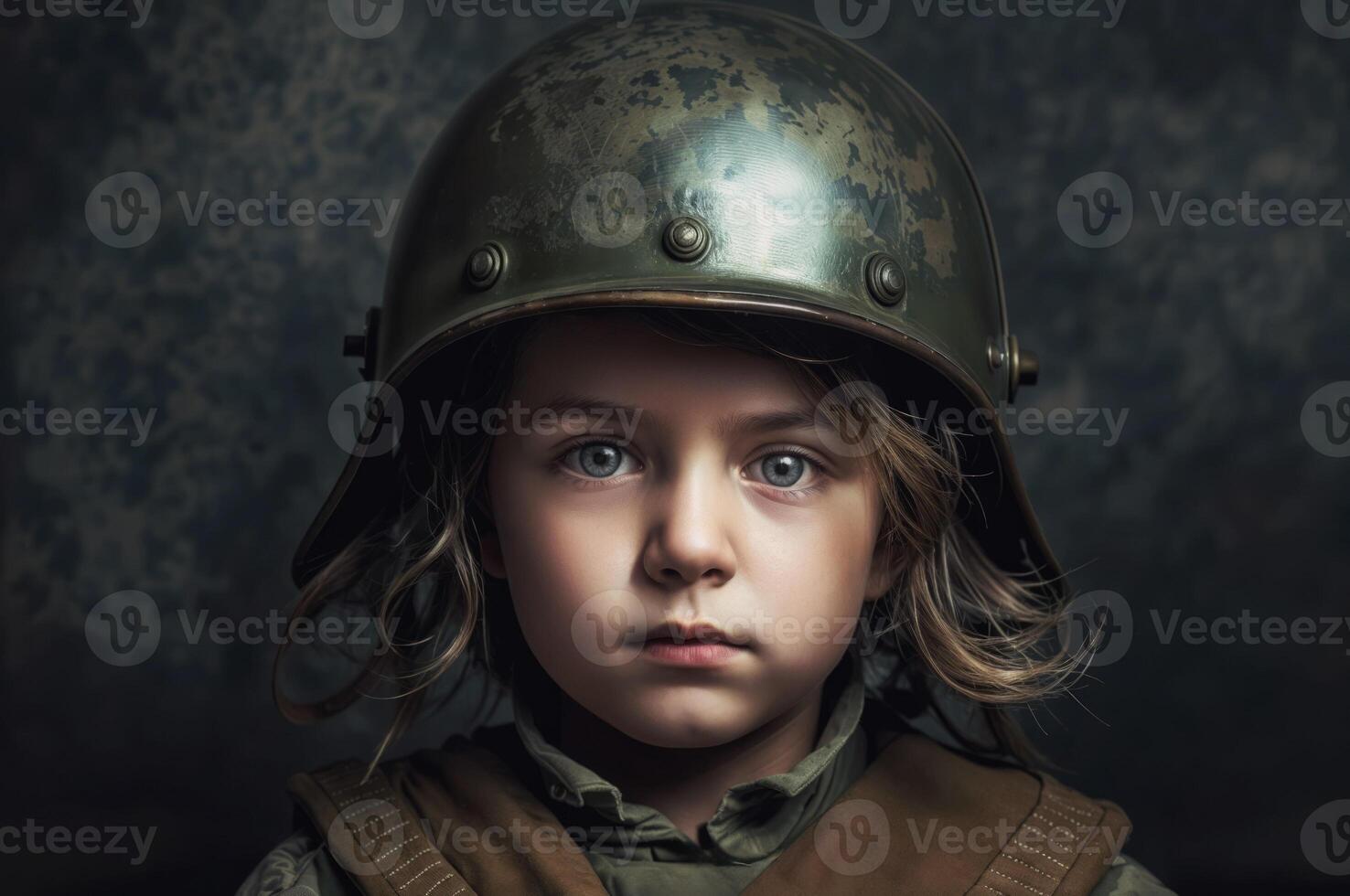 AI generated A young boy wearing an old military uniform and helmet, staring into the camera. photo