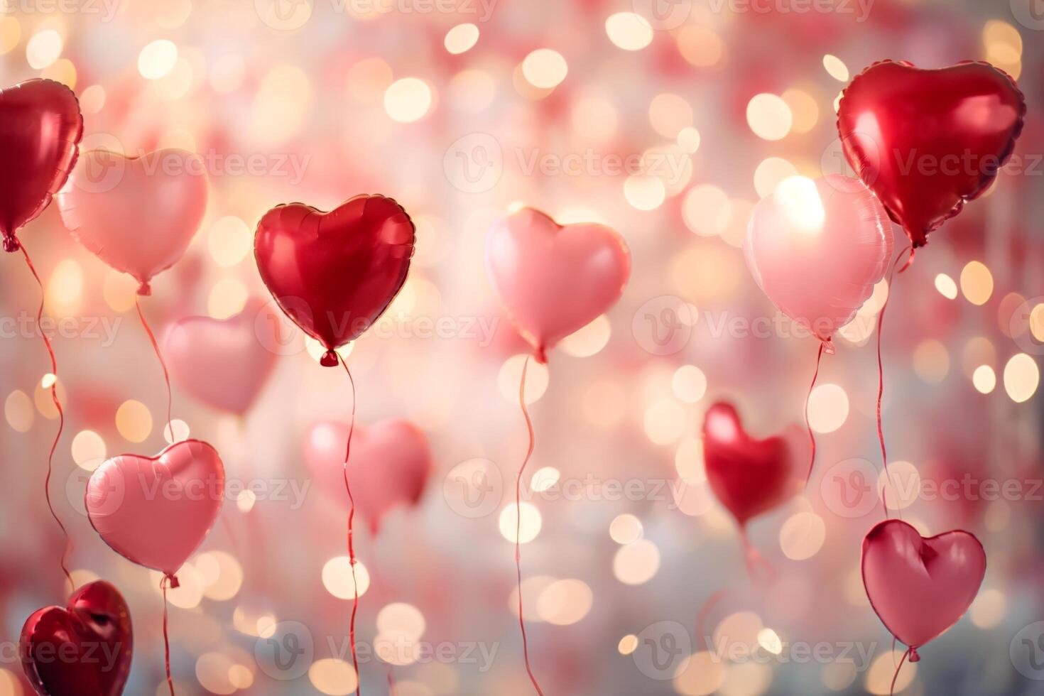 AI generated A whimsical Valentine's Day background, adorned with floating red and pink balloons shaped like hearts photo