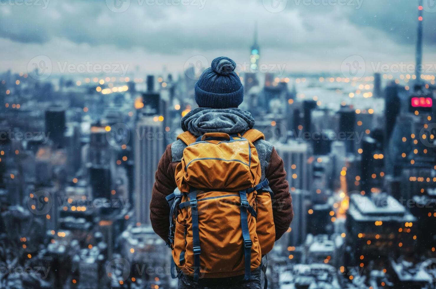 AI generated A travel content creator standing atop a city rooftop, overlooking a sprawling urban landscape, capturing the essence of city life, modern and chic, photo