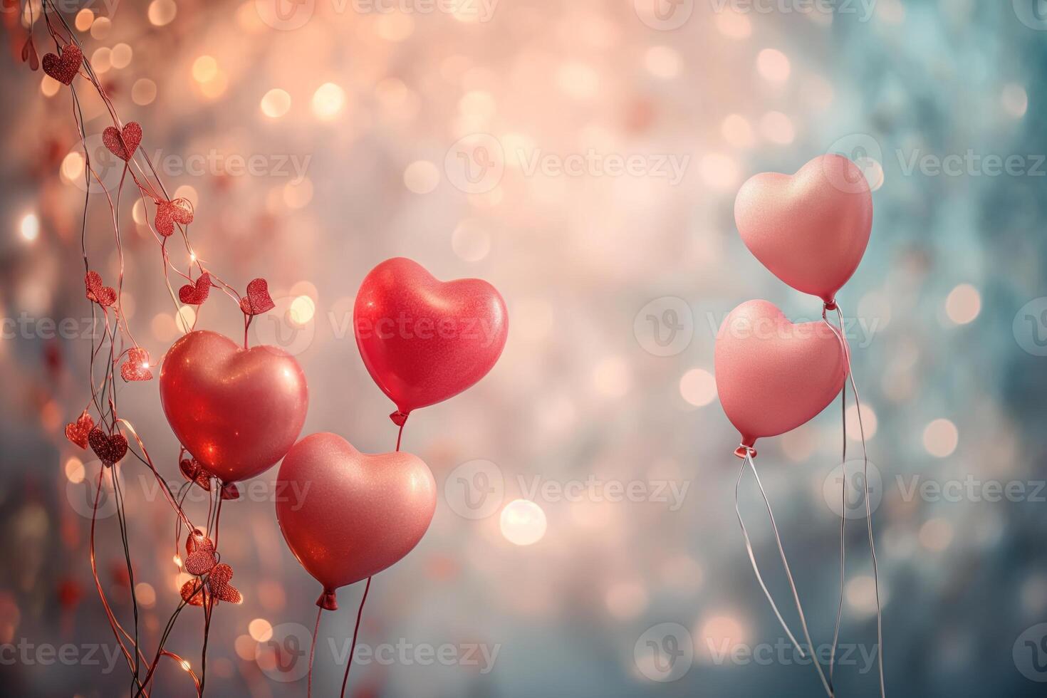 AI generated A whimsical Valentine's Day background, adorned with floating red and pink balloons shaped like hearts photo