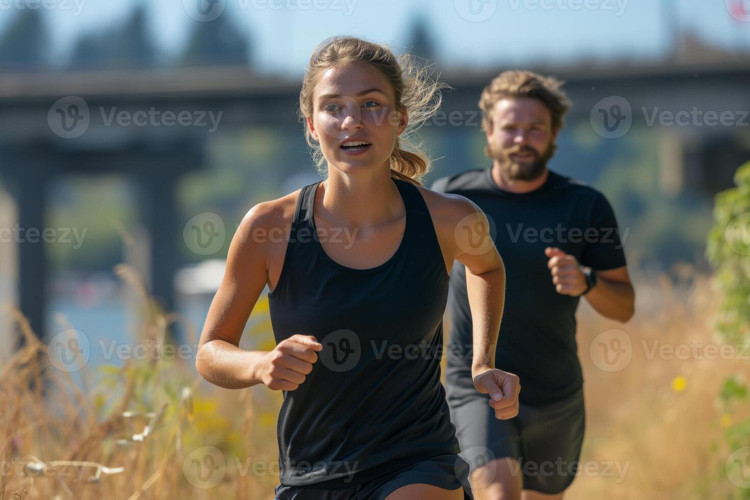 AI generated A couple are running together. The woman is in front, wearing black top and shorts and the man is behind her. photo