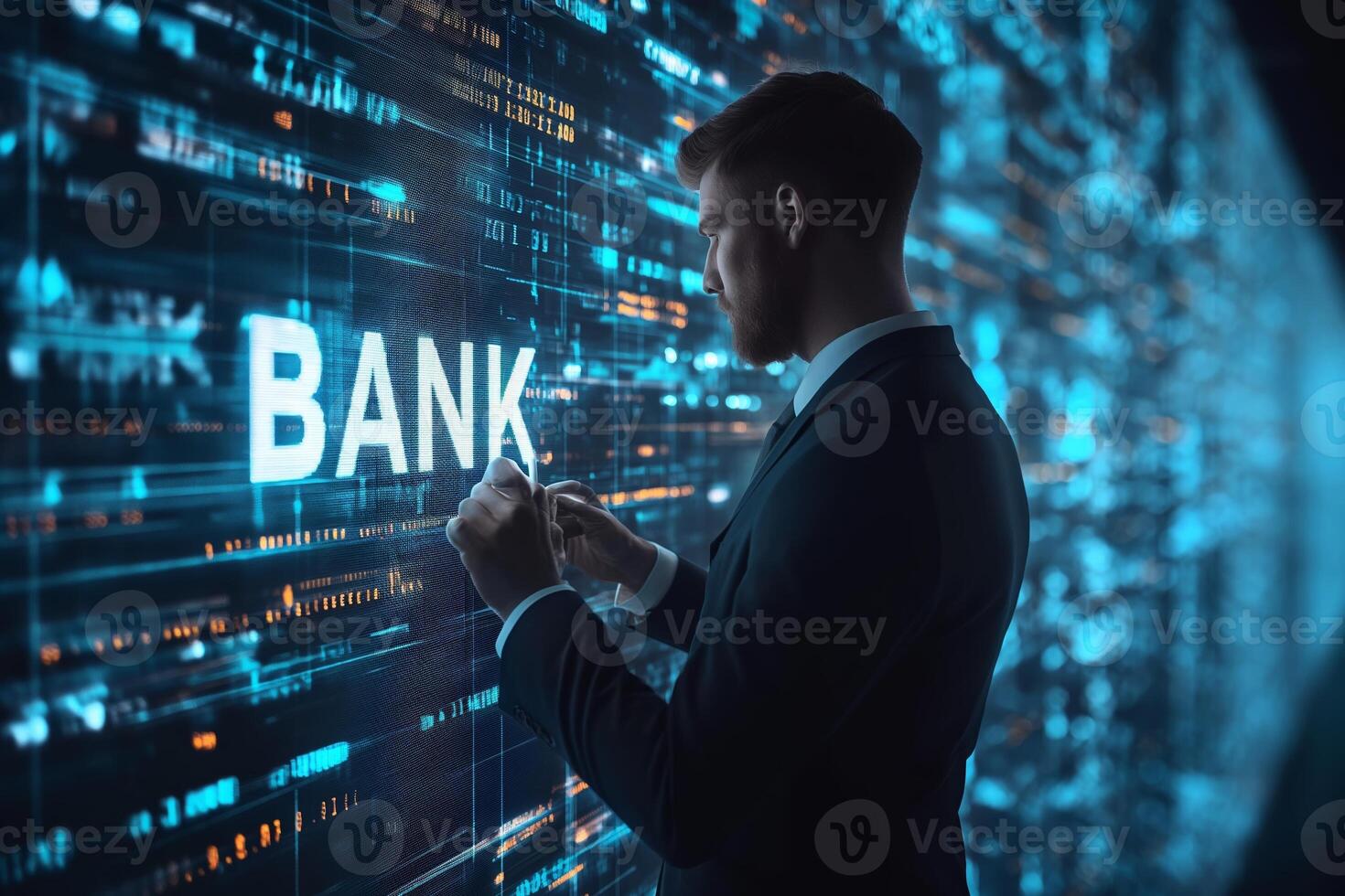 AI generated Elegant businessman in a minimalist setting, interacting with a virtual screen that displays the word 'BANK'. Simplicity and the seamless integration of technology in the business world photo