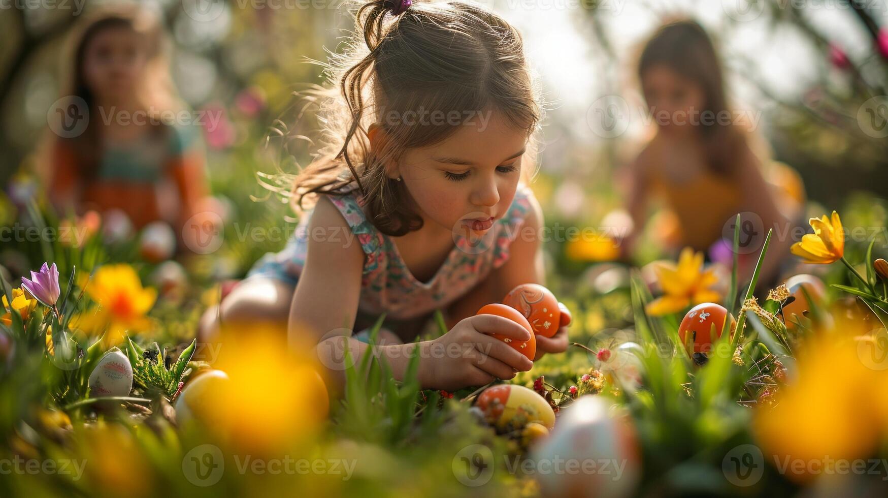 AI generated Joyful stock photo of a family Easter egg hunt in a blossoming spring garden, with children searching for colorful eggs among flowers, symbolizing the fun and excitement of the holiday