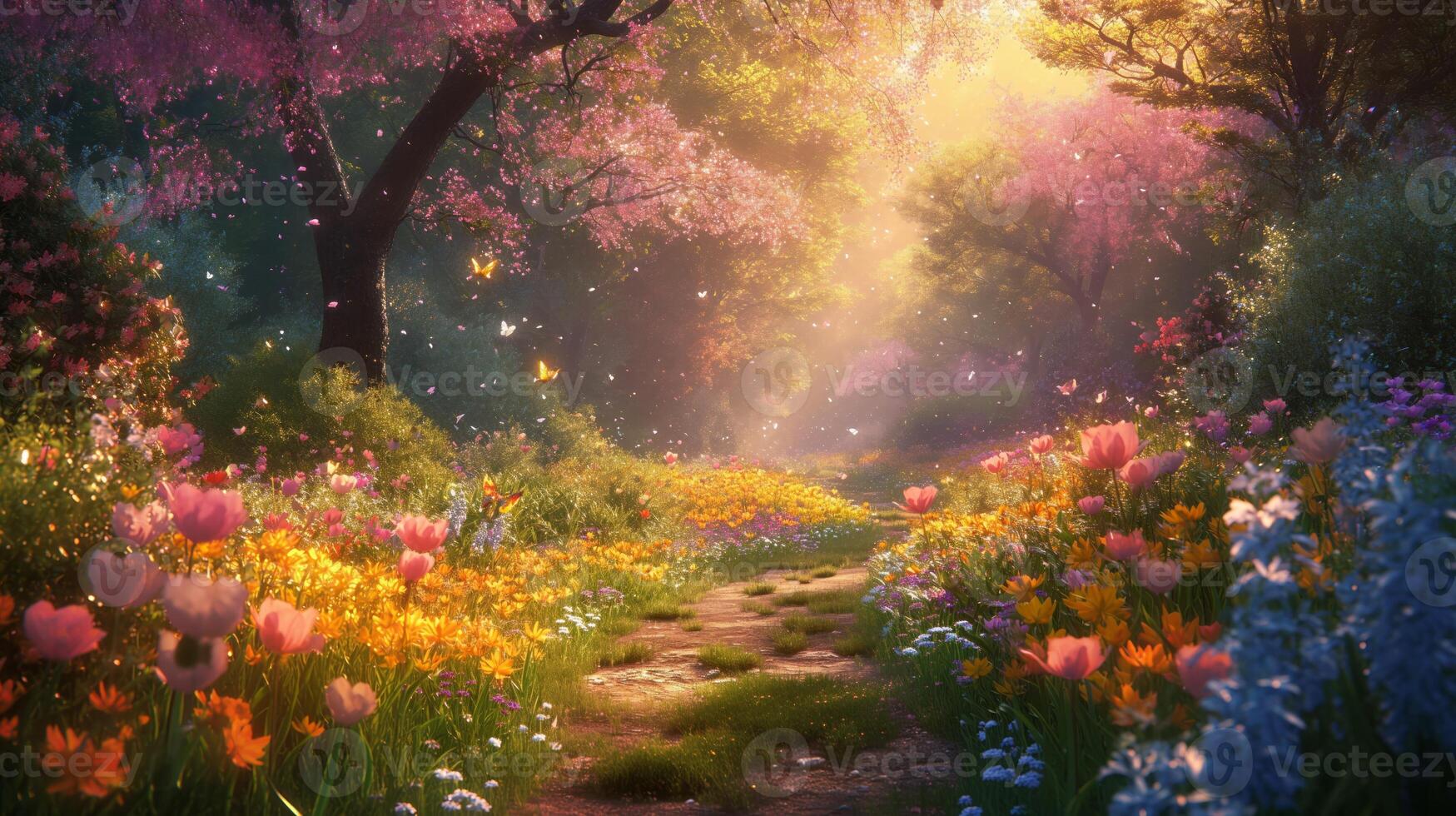 AI generated A springtime field filled with a variety of flowers like tulips, daffodils, and cherry blossoms, showcasing an array of bright pinks, yellows, and purples. photo