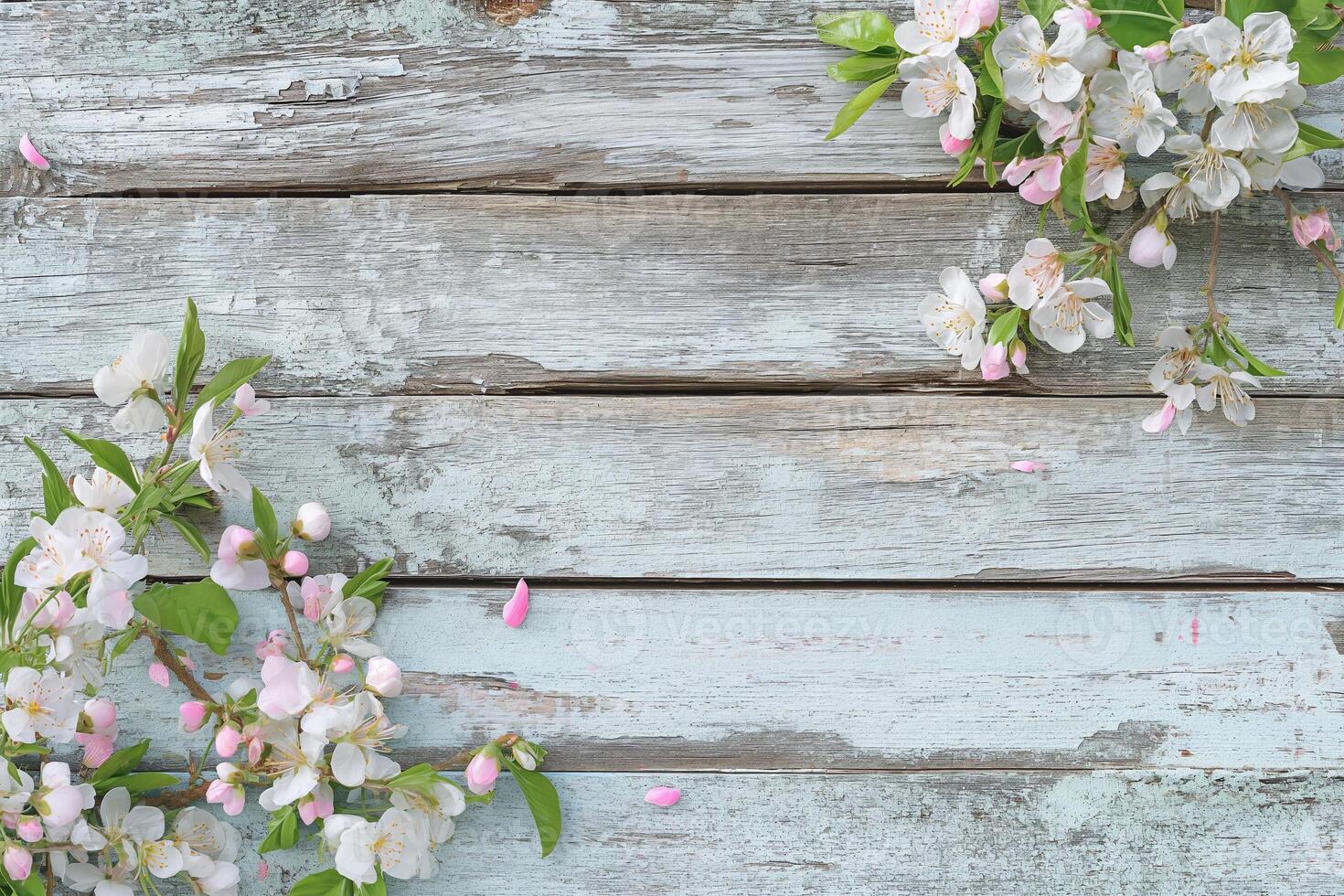AI generated Shabby chic wooden texture with spring flowers on right to use as background photo