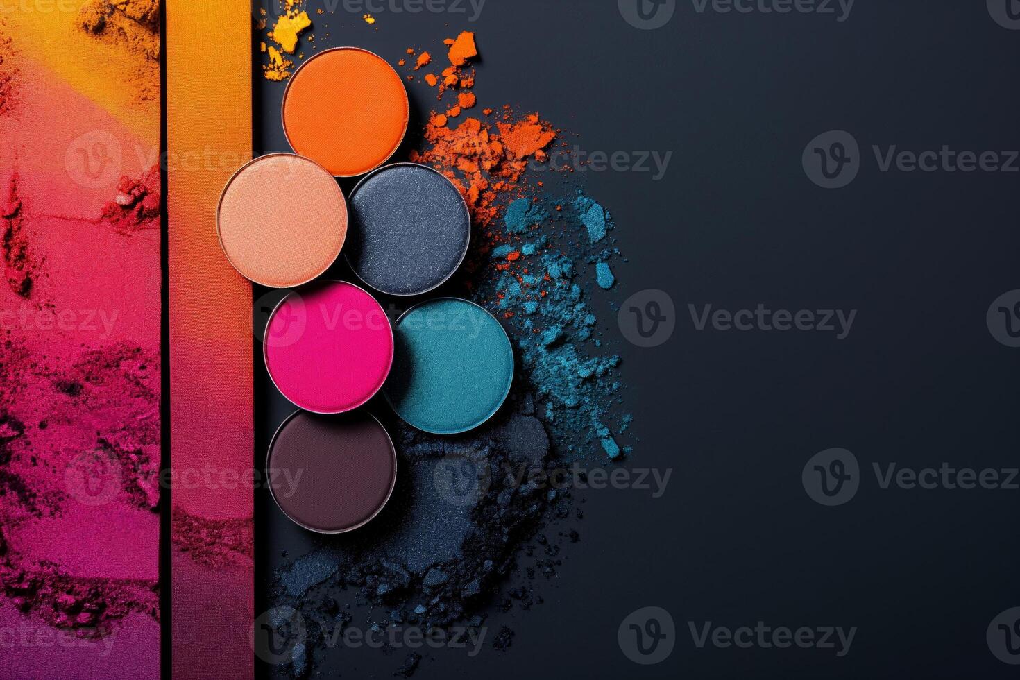 AI generated A bold and colorful arrangement of eye shadows crafted , highlighting the texture and hues of the makeup, set against a simple backdrop to emphasize the design, creative and fashionable photo