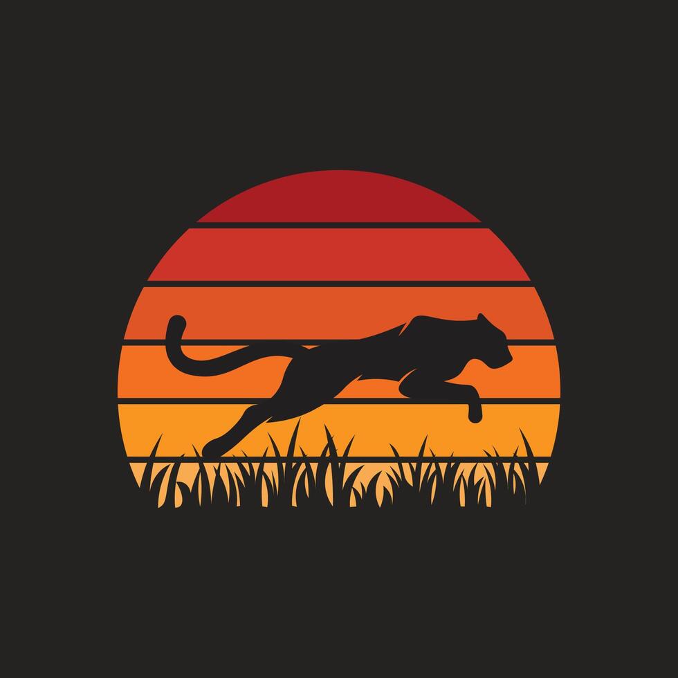 Silhouette of the Jaguar Leopard Puma Lion Panther Cheetah Tiger of jumping logo design at sunset vector