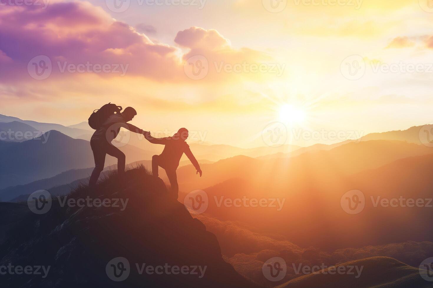 AI generated Silhouette two people helping each other hike up a mountain at sunrise or sunset. Giving a helping hand. Travel hiking journey. photo