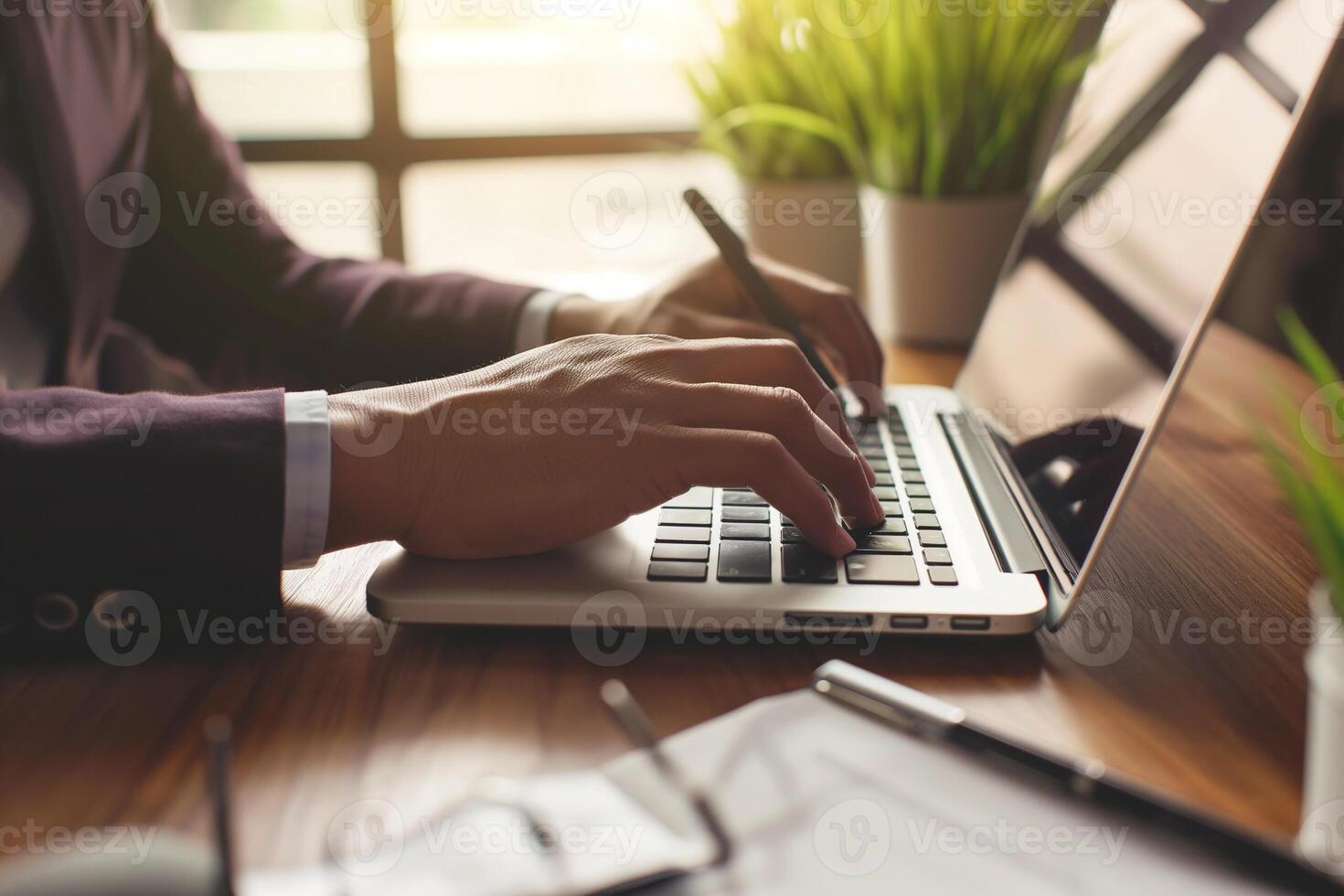 AI generated Close up. hand's business man wearing suit typing and working on laptop computer on wooden table at home office. Entrepreneur man working for business at home office. Working technology. photo