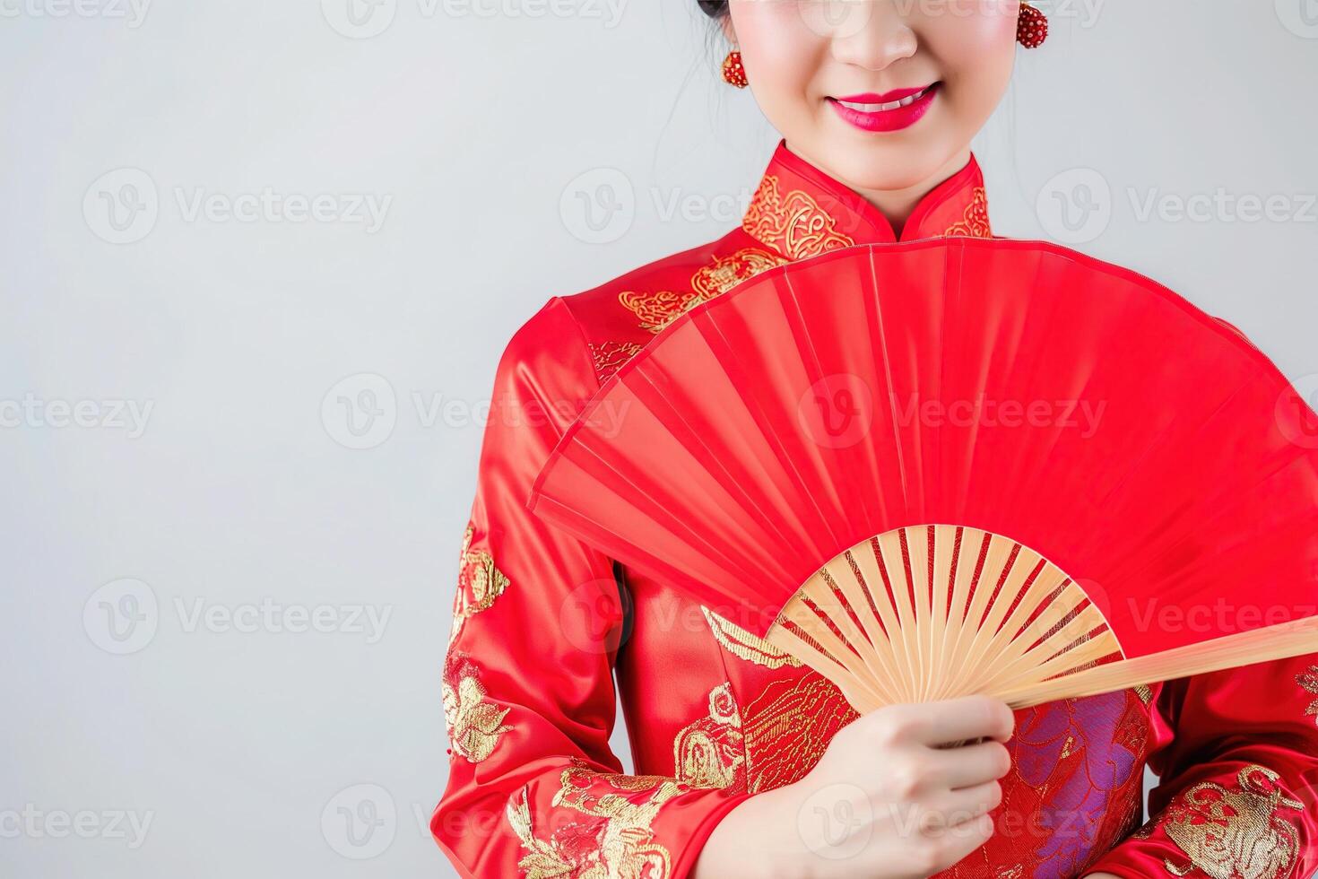 AI generated Portrait photography. Asian Chinese woman smiling in traditional cheongsam qipao dress on White or grey background. Chinese new year festival concept. photo