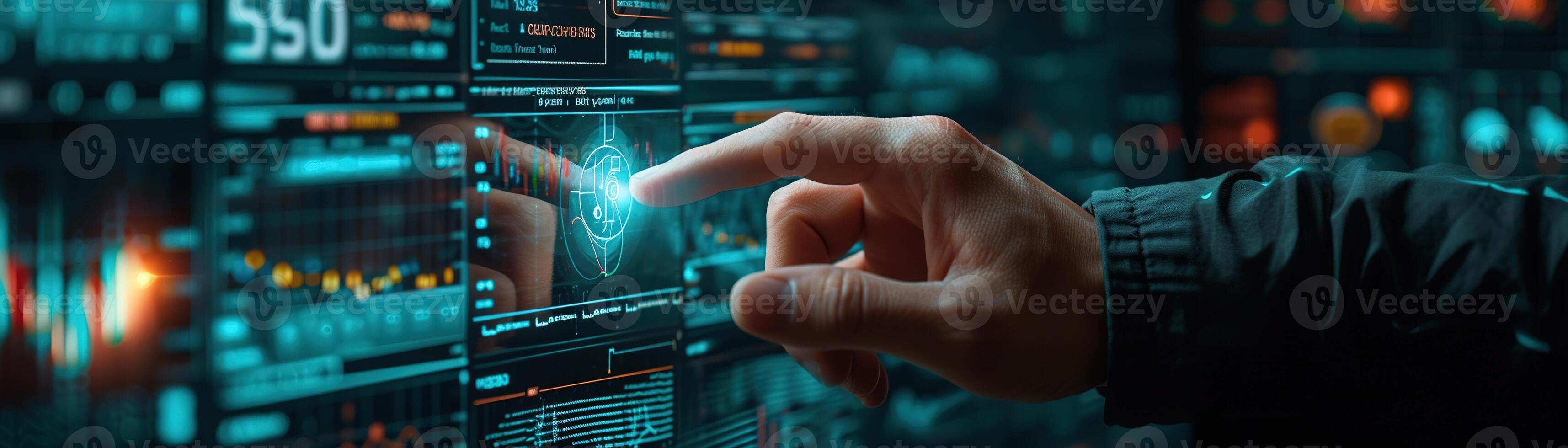 AI generated Close-up of a hand interacting with a futuristic holographic interface full of glowing digital icons and graphs. photo