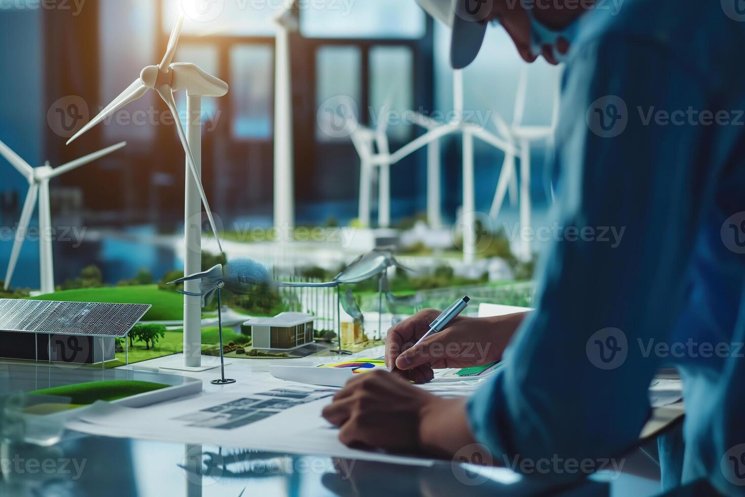 AI generated Engineers designing models of turbines, solar panels, clean energy networks. Technician calculate to use pure energy nature and Installing solar panels on roof house. Green power ESG. photo