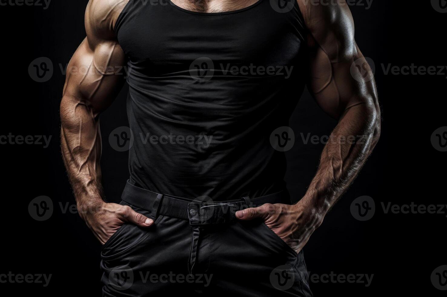 AI generated A man in black shirt and pants, with his hands in his pockets, showing his muscular body in the dark background. photo