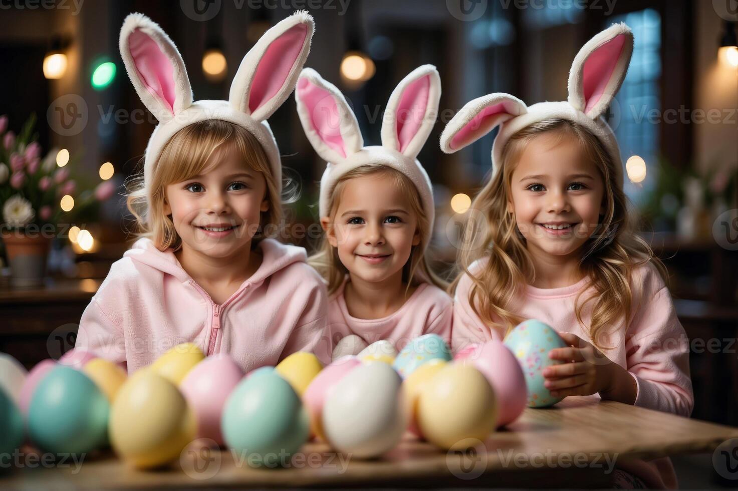 AI generated Candid children wearing bunny ears and painting Easter eggs, their faces lit up with smiles, capturing the innocence and happiness of Easter festivities photo
