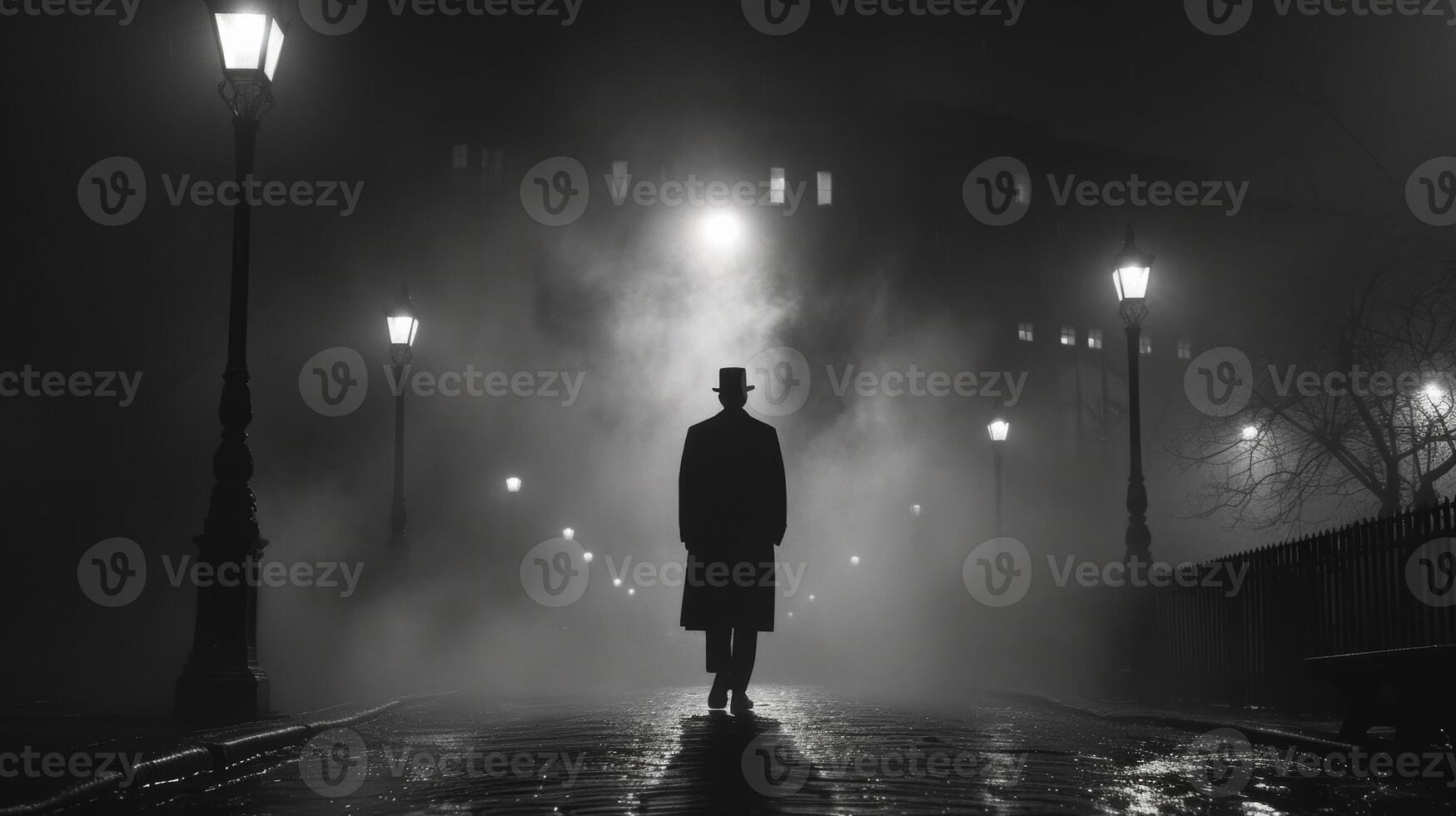 AI generated A noir-inspired cinematic scene with a detective discreetly following a suspect at night. The setting is an urban landscape, dimly lit by street lamps. photo