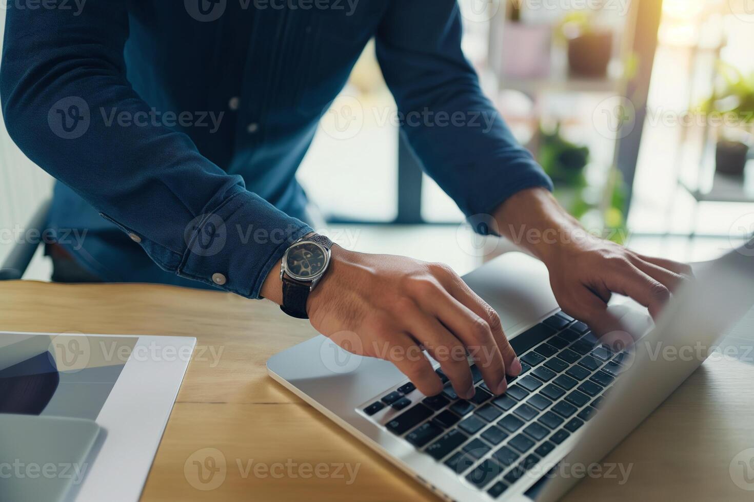 AI generated Close up. hand's business man wearing suit typing and working on laptop computer on wooden table at home office. Entrepreneur man working for business at home office. Working technology. photo