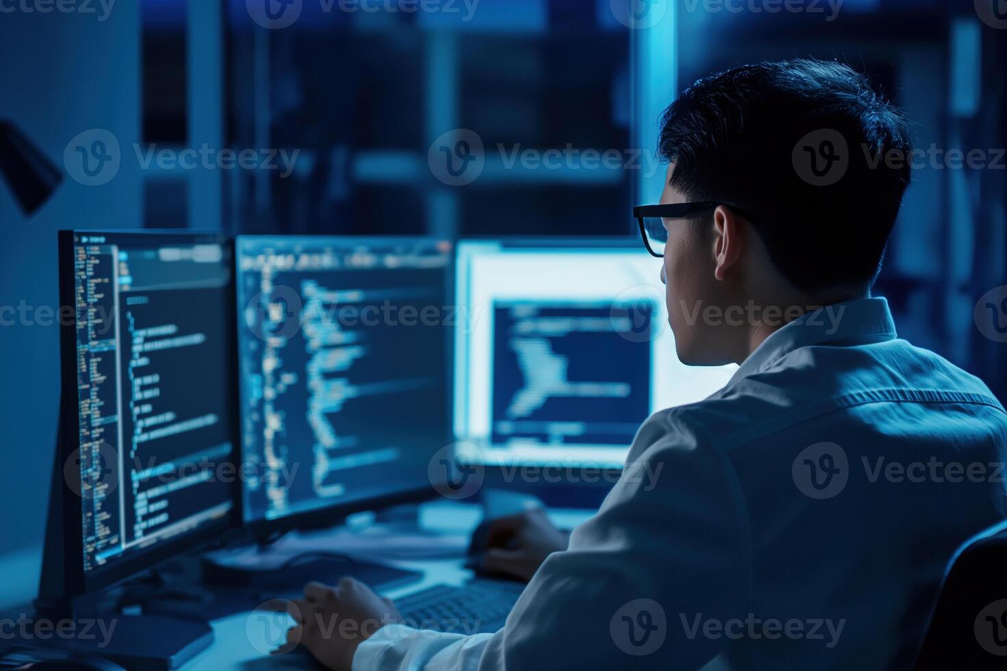 ai generado software desarrollador hombre vistiendo lentes trabajando codificación escribir un programa desarrollar ai solicitud en ordenador portátil a hogar oficina. foto