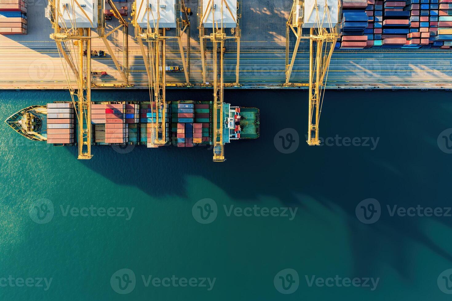 AI generated Top view, aerial view the ship container for transporting goods by sea at sea port warehouse and crane ship working for delivery containers shipment, logistic import or transportation. photo