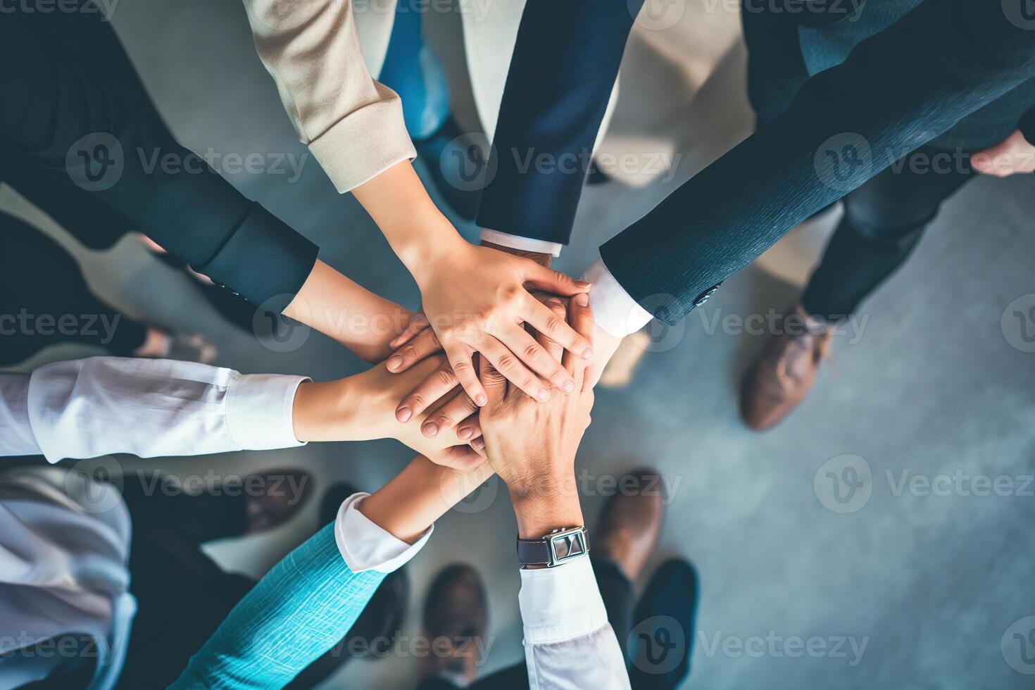 AI generated Close up business people putting their hands together for success, deal, unity, cooperation, Teamwork. Top view Business concept. photo