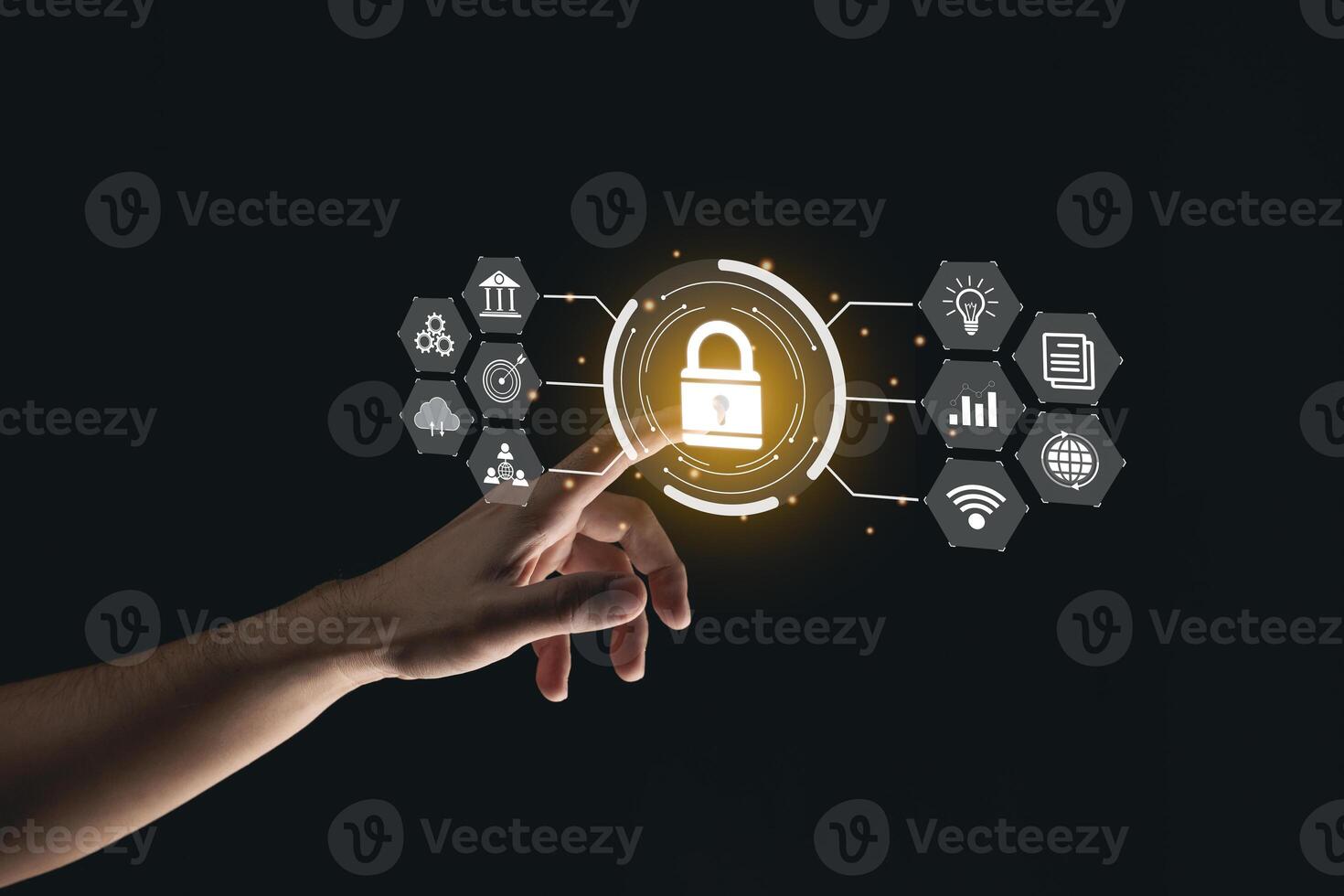 Close up woman hand touching virtual screen login to access, information security and encryption, secure access user's information, Internet access, cybersecurity. Cyber security technology concept. photo