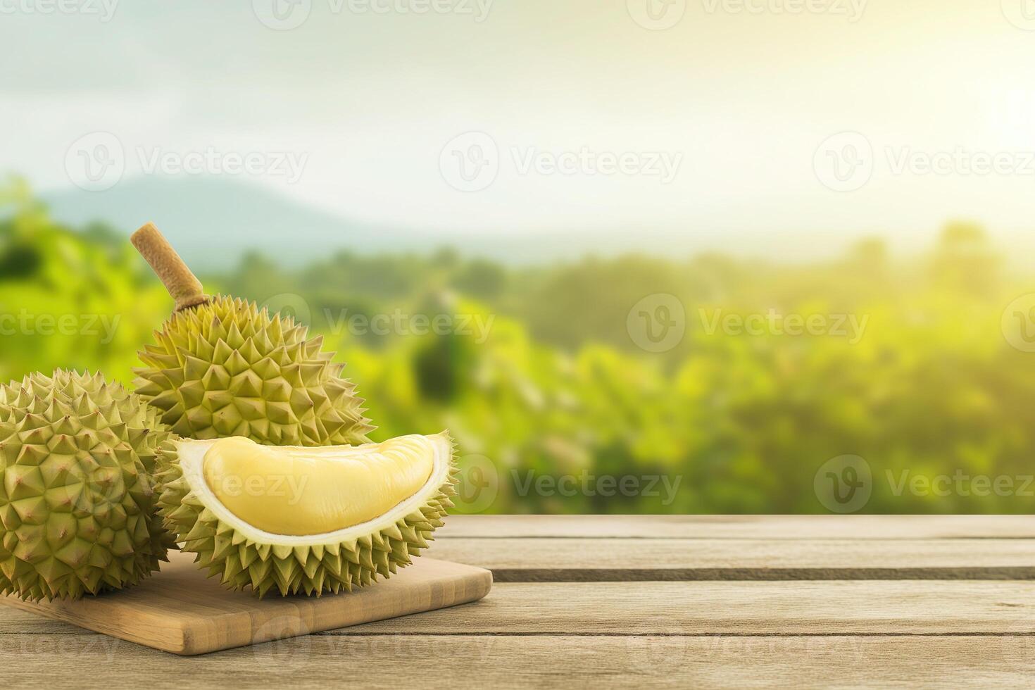 AI generated Fresh fruit durian on wood floor table with durian plantation background. King of fruit in thailand. Golden durian fruits concept. photo