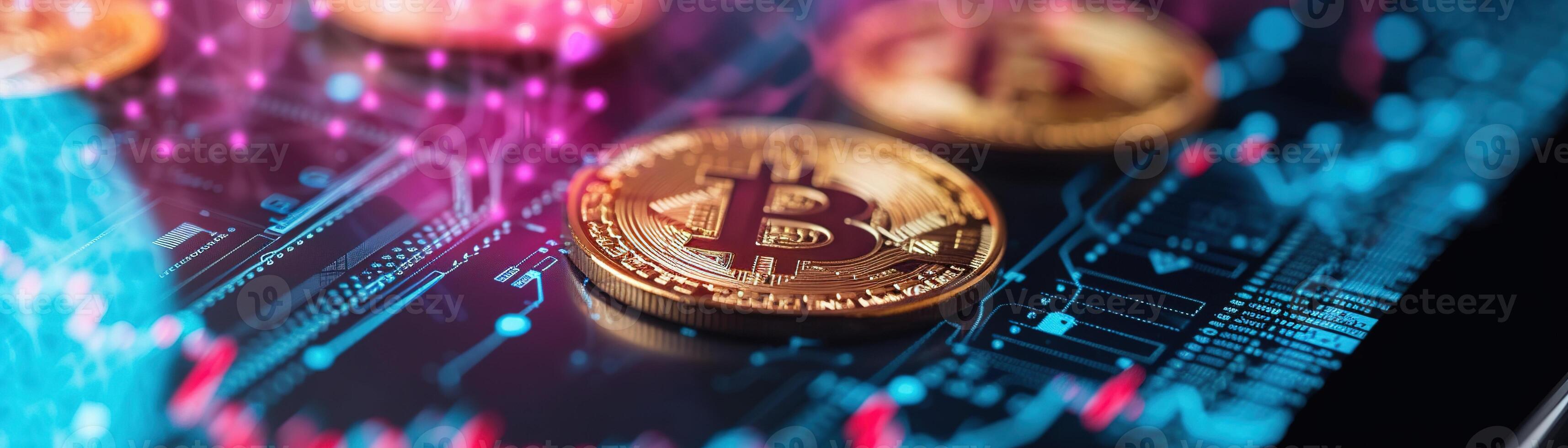 AI generated Close-up view of a golden Bitcoin coin on a digital tablet displaying stock market graphs and trading data. photo