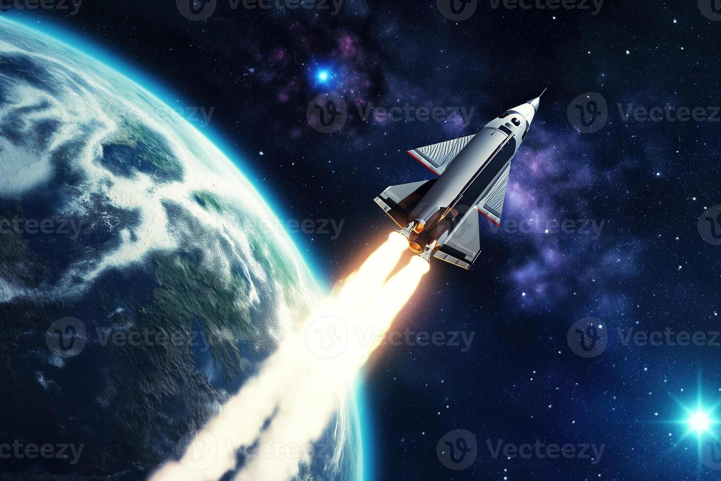 AI generated Space shuttle rocket in deep space with clouds and Earth planet. Spaceship on orbit of the planet. Sci-fi space wallpaper. photo