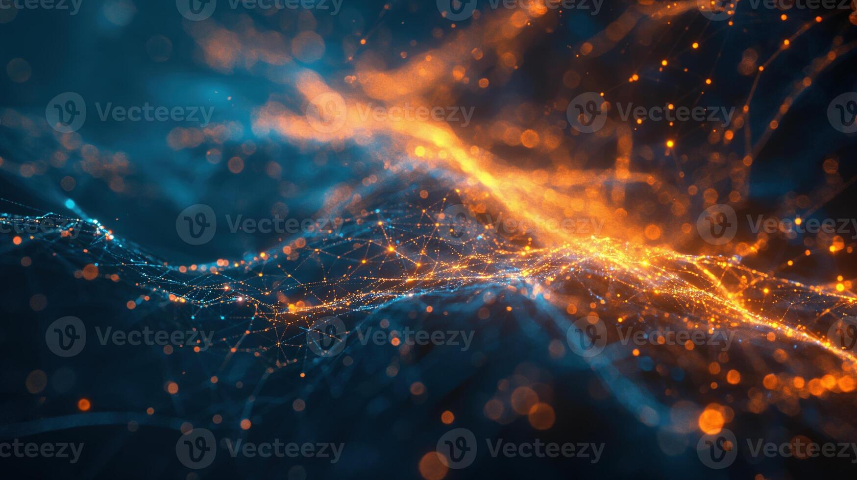 AI generated Digital representation of glowing waves with floating particles, creating a mesmerizing abstract background with deep blue and orange hues. photo