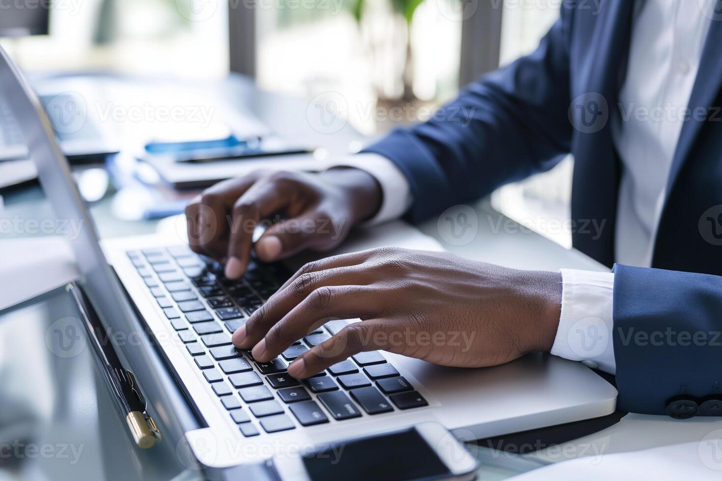 AI generated Close up. hand's black business man wearing suit typing and working on laptop computer on wooden table at home office. Entrepreneur man working for business at home office. photo