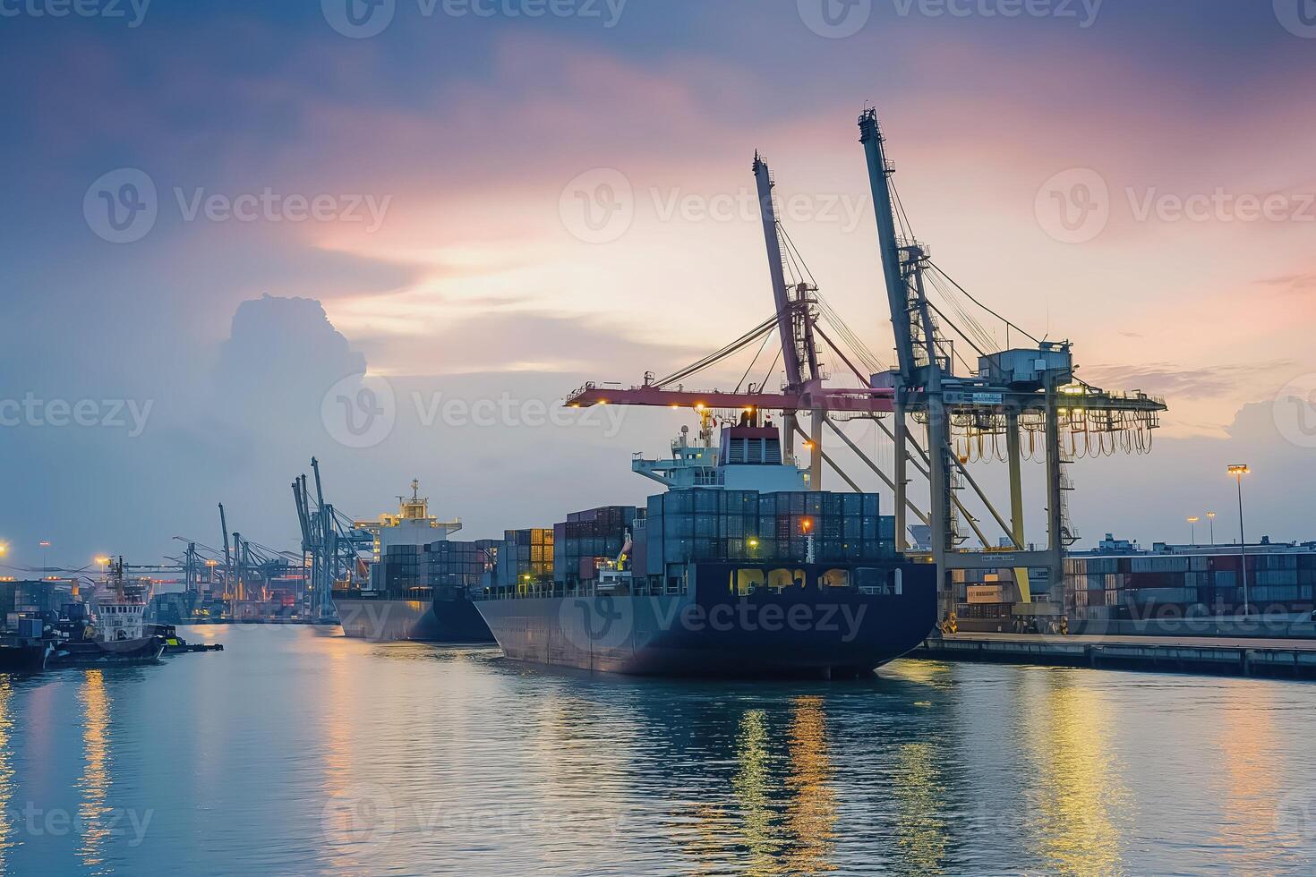 AI generated Top view, aerial view the ship container for transporting goods by sea at sea port warehouse and crane ship working for delivery containers shipment, logistic import or transportation. photo