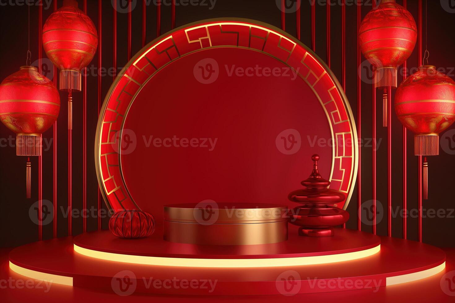 AI generated Chinese day concept. Red and 3D cylinder stand podium with red circle overlap backdrop. Products showcase, Promotion display. Abstract studio room platform. Happy Chinese lantern day. photo
