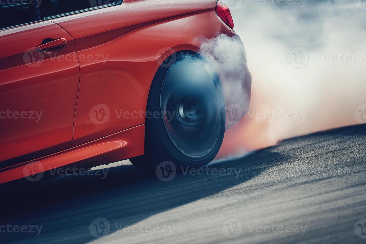 ai generado profesional conductor a la deriva carreras coche en la carretera a carrera pista, carrera coche deriva en carrera pista tener fumar foto