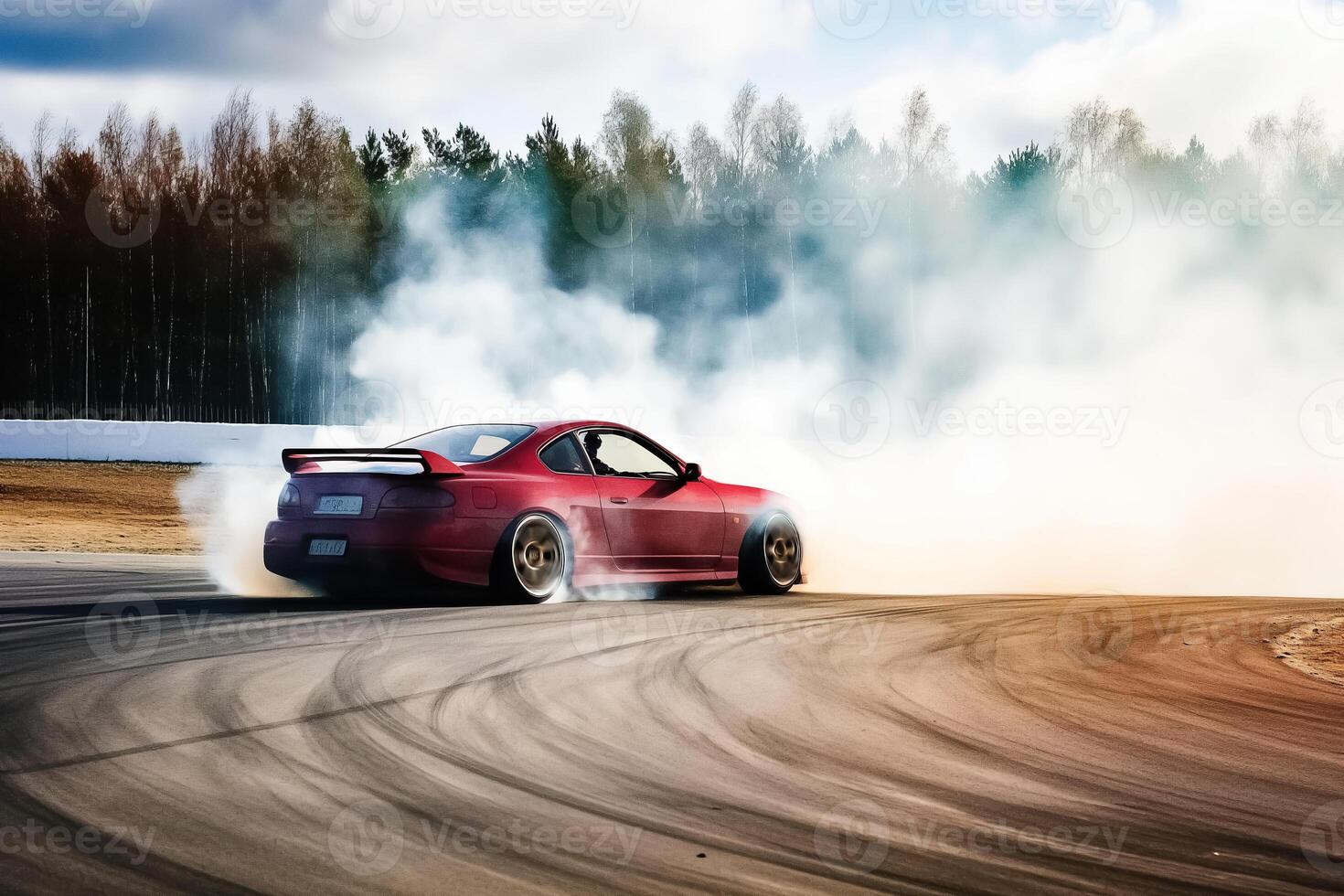 AI generated professional driver drifting racing car on road at race track, Race car drift on race track have smoke photo