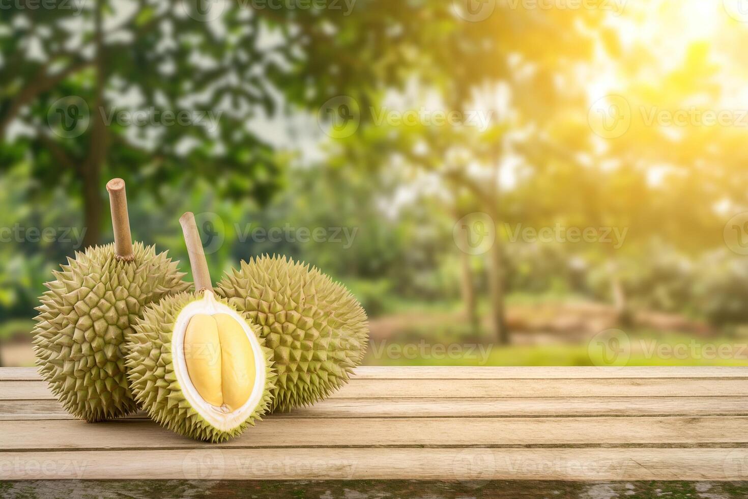 AI generated Fresh fruit durian on wood floor table with durian plantation background. King of fruit in thailand. Golden durian fruits concept. photo