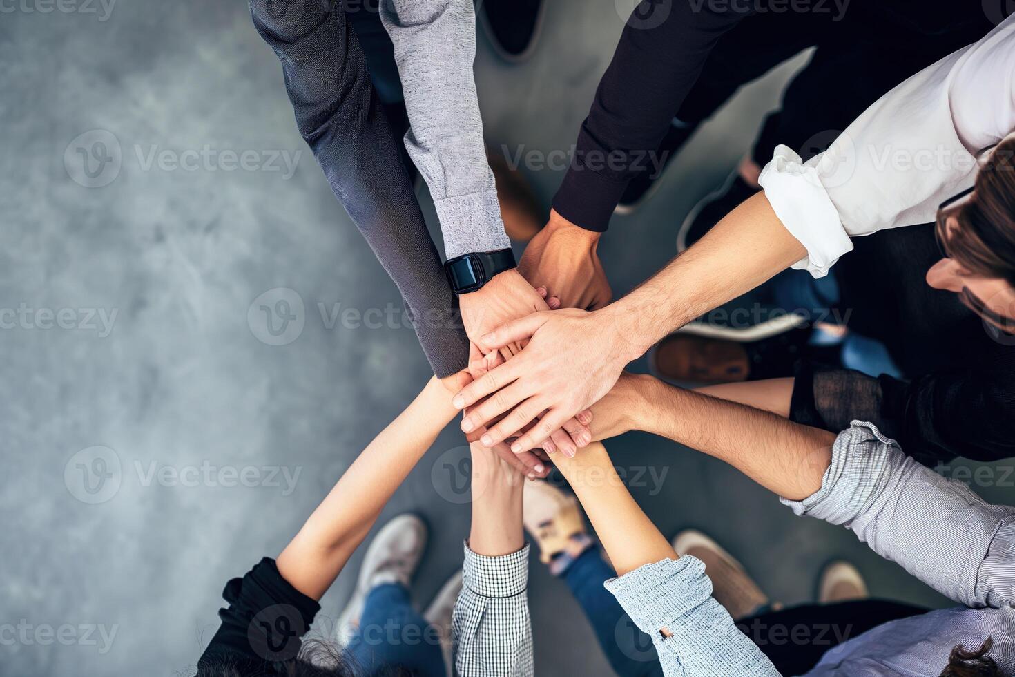 AI generated Close up business people putting their hands together for success, deal, unity, cooperation, Teamwork. Top view Business concept. photo