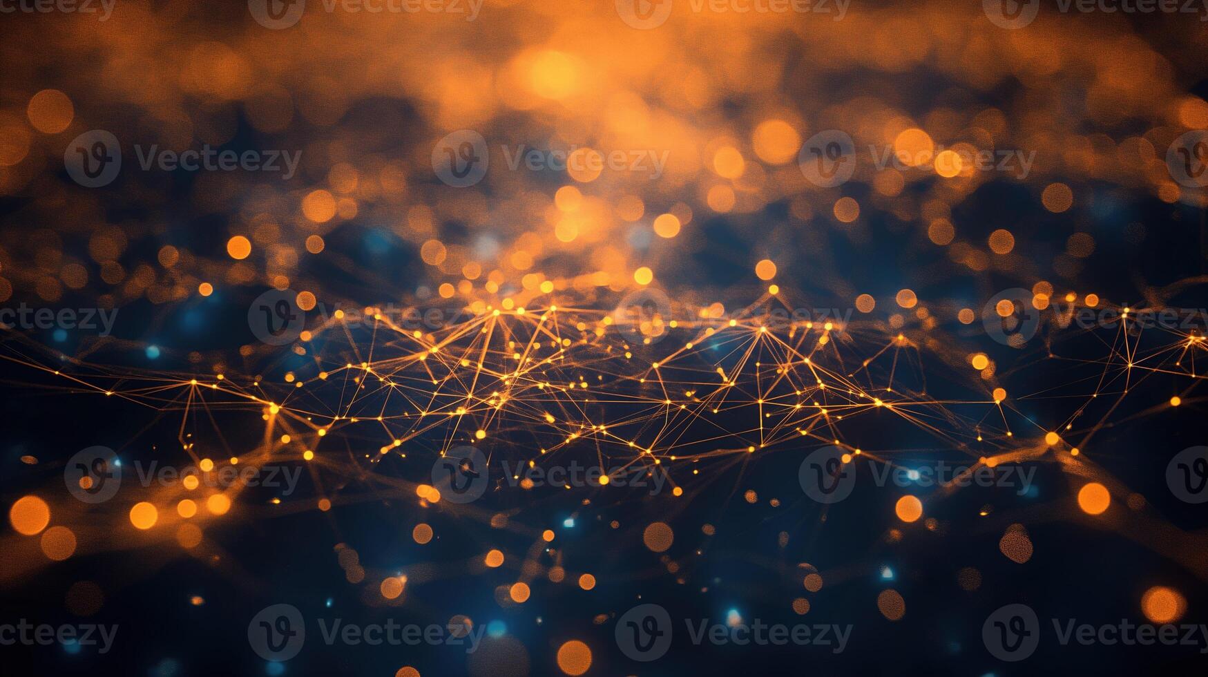 AI generated Digital representation of glowing waves with floating particles, creating a mesmerizing abstract background with deep blue and orange hues. photo