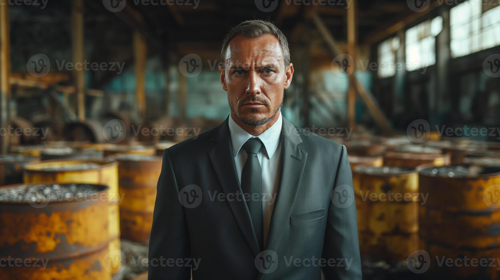 AI generated A businessman in a suit, standing in a industrial setting surrounded of dirty oil barrels. His expression is serious, reflecting the weight of a global energy crisis. photo