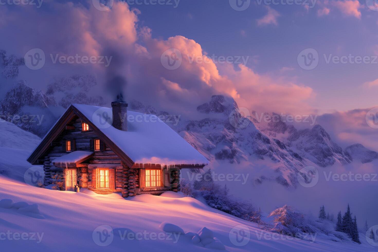 AI generated A cozy mountain cabin at dusk, surrounded by snow, with warm light glowing from windows and smoke rising from the chimney photo